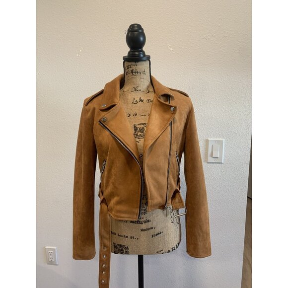 (B-202)Forever 21 Women’s Brown Faux Suede Moto Jacket Size S Belted Zip Biker S - Picture 2 of 9